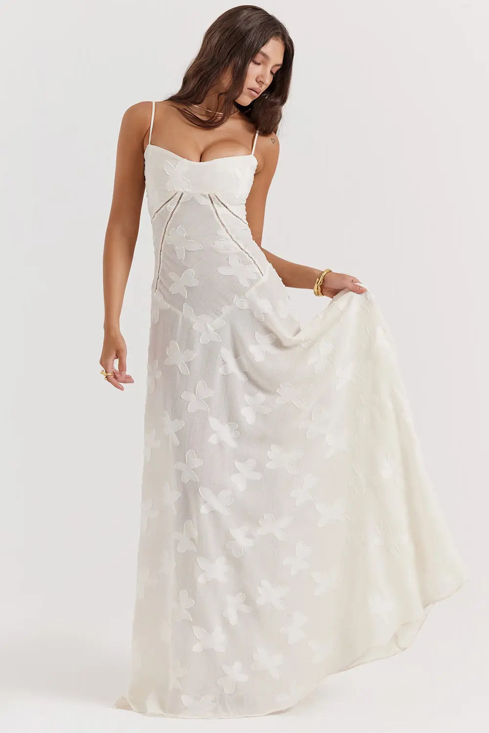 Women's Spaghetti Strap Lace-Up Back Maxi Dress, styled on model, full length