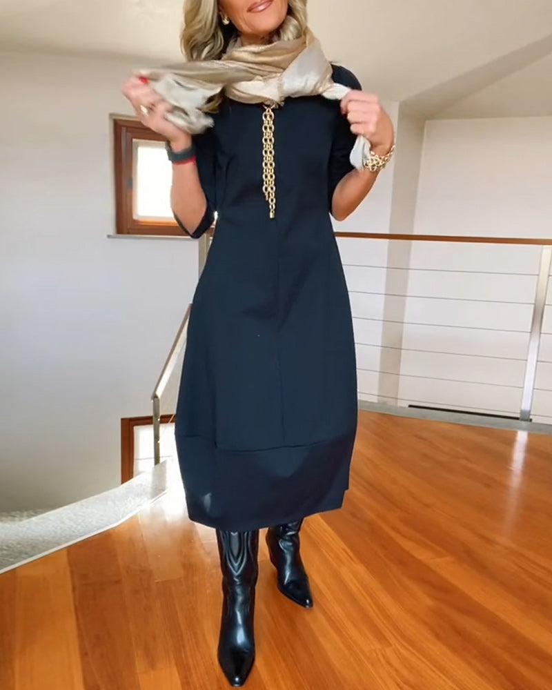 Women's Zip Front 3/4 Sleeve Midi Dress with Pockets, styled on model, full length