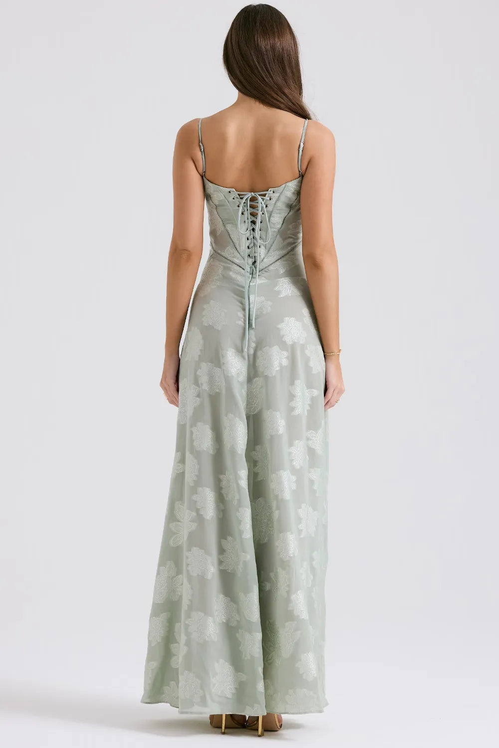 Women's Spaghetti Strap Lace-Up Back Maxi Dress, on model, alternate angle