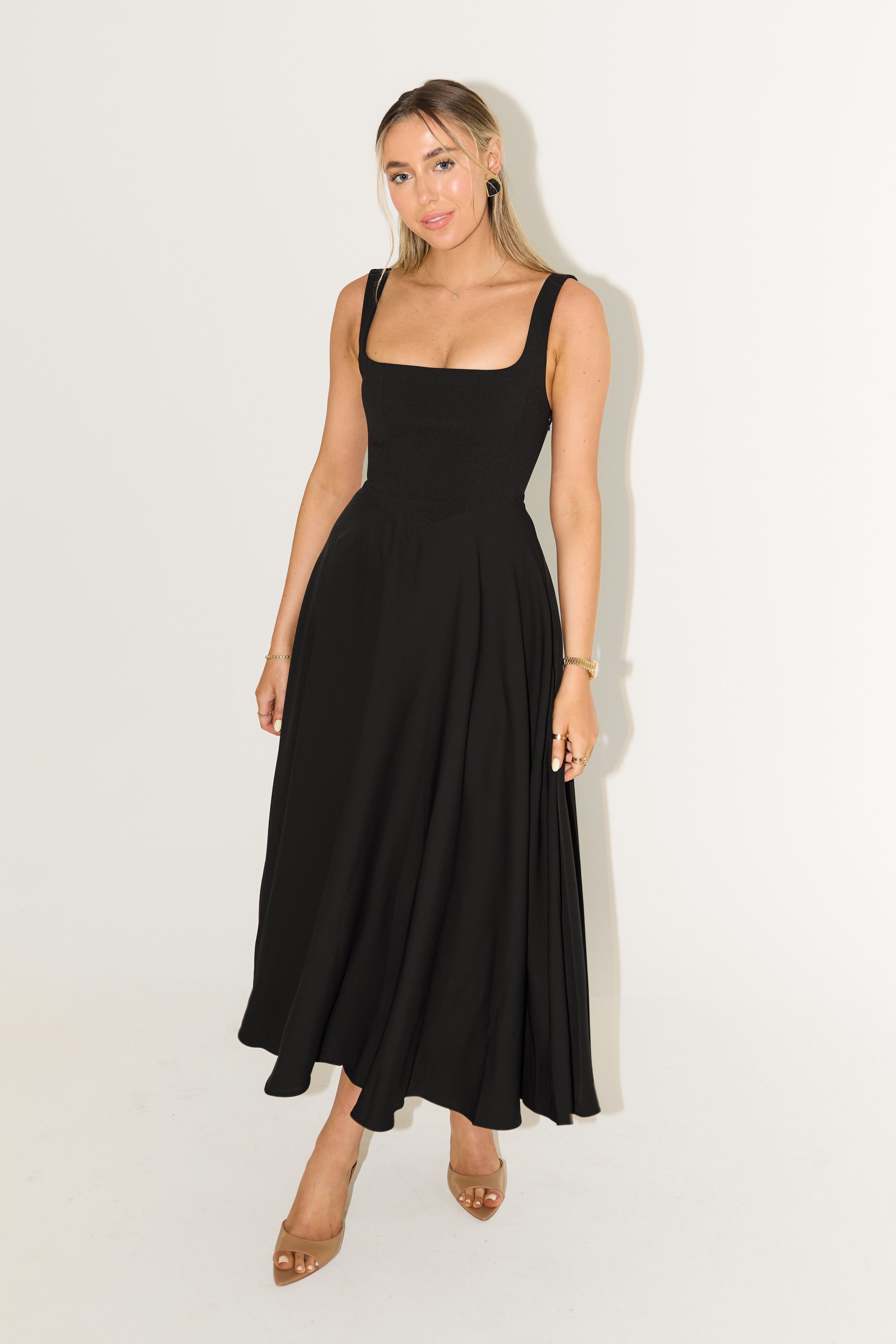 Women's Square Neck Sleeveless Fit and Flare Midi Dress in Black, on model