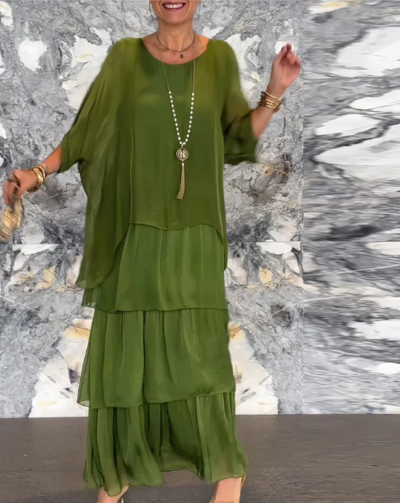 Women's Batwing Sleeve Loose Fit Tiered Maxi Dress in Dark Green, on model