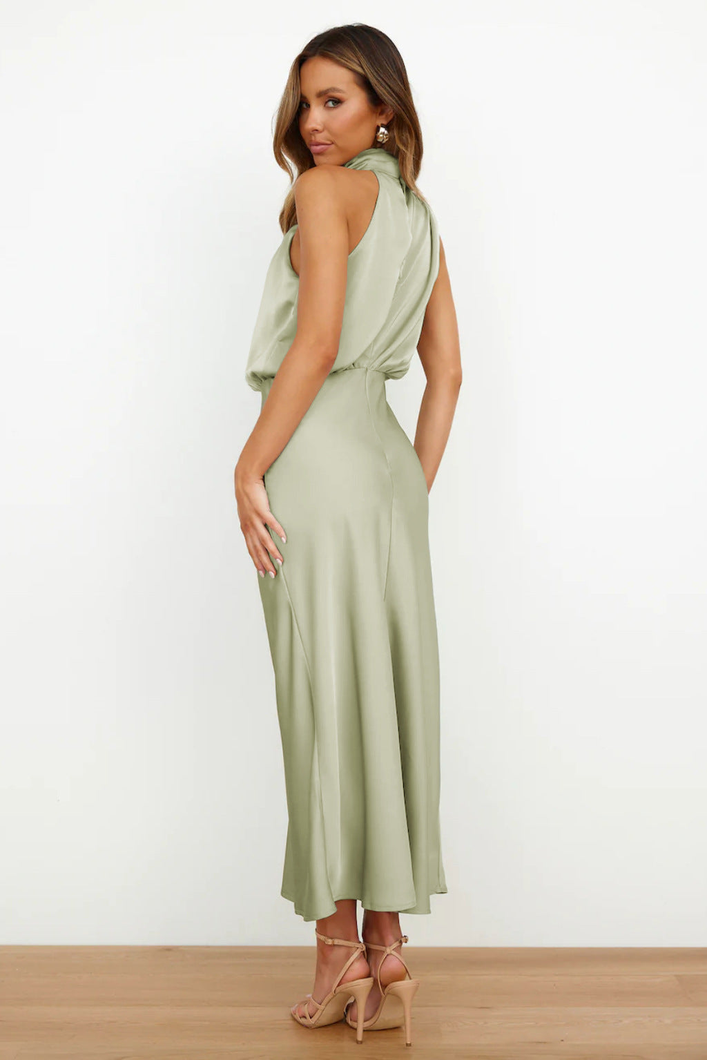 Women's Sleeveless Satin Halter Neck Midi Dress, on model, alternate angle