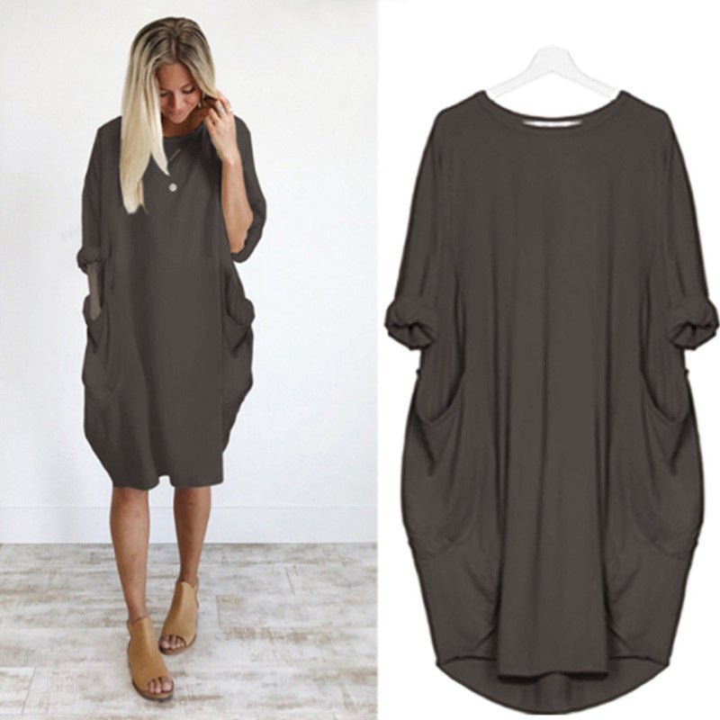 Women's Oversized Knee-Length Cocoon Dress with Pockets in Dark Brown, model and flat lay view