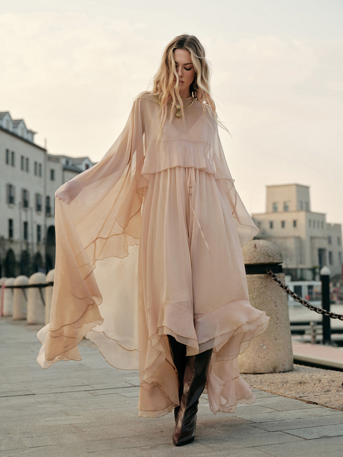 Women's Chiffon Cape Sleeve Ruffle Maxi Dress in Pink