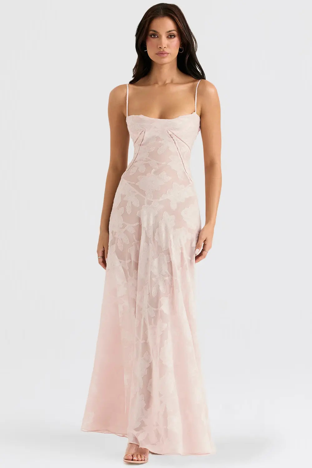 Women's Spaghetti Strap Lace-Up Back Maxi Dress in Pink, on model