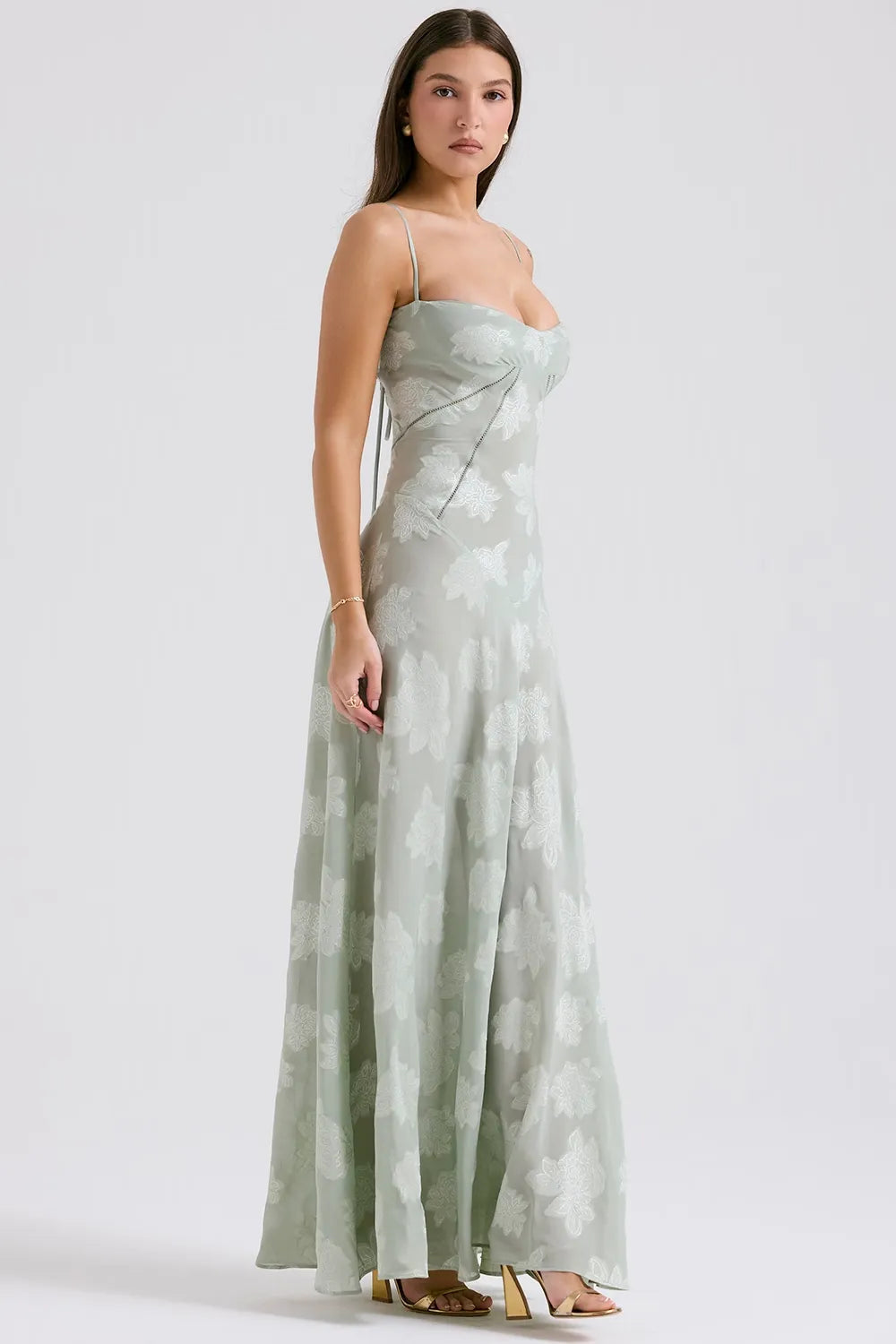 Women's Spaghetti Strap Lace-Up Back Maxi Dress, styled on model, full length