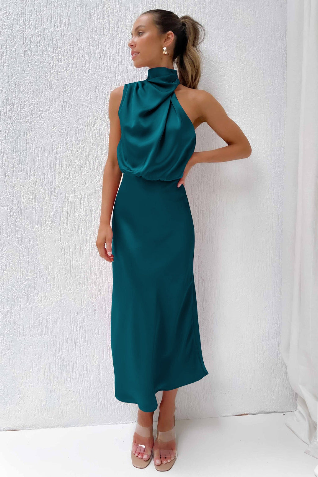 Women's Sleeveless Satin Halter Neck Midi Dress, styled on model