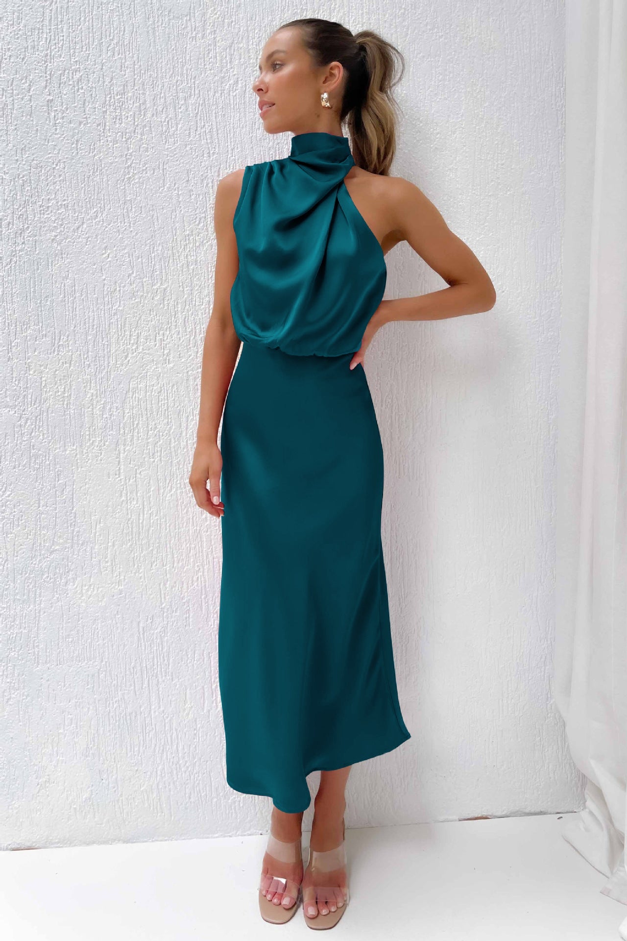 Women's Sleeveless Satin Halter Neck Midi Dress, styled on model
