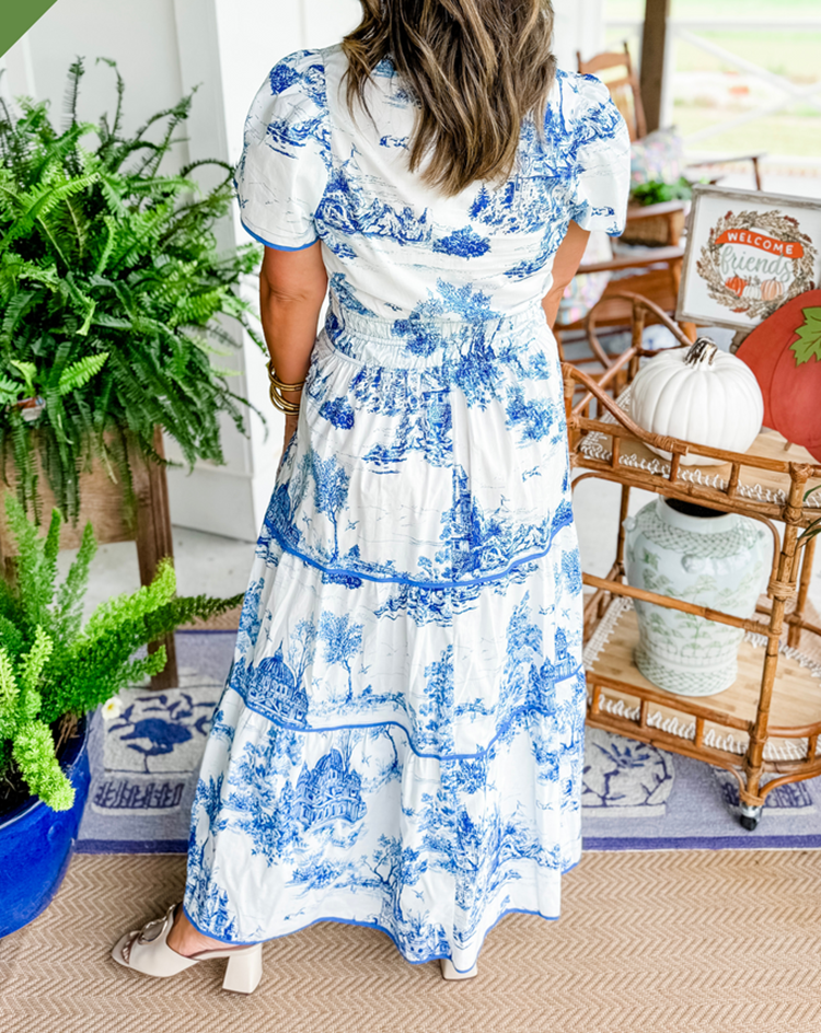 Women's Printed Short Sleeve Tiered Maxi Dress, on model, detail view