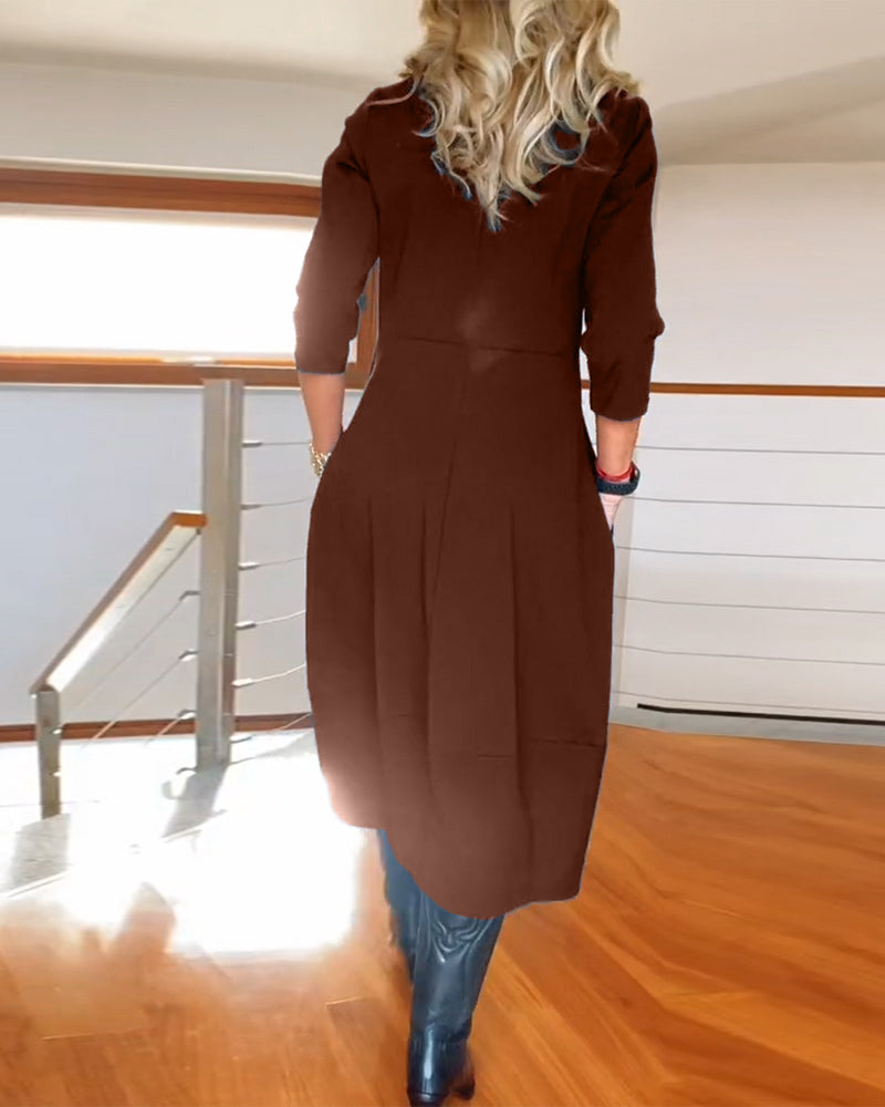Women's Zip Front 3/4 Sleeve Midi Dress with Pockets, styled on model, full length