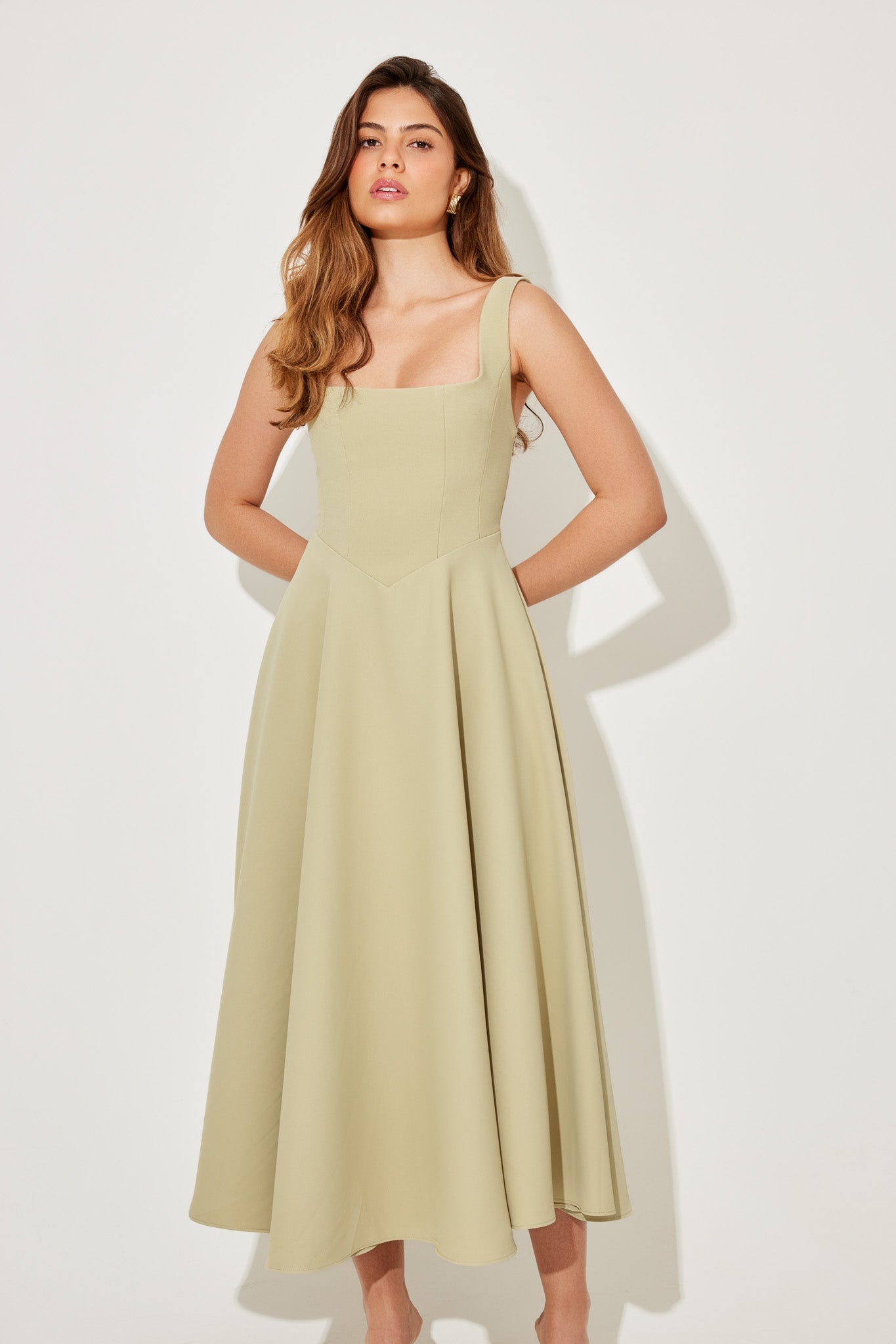 Women's Square Neck Sleeveless Fit and Flare Midi Dress, on model, detail view