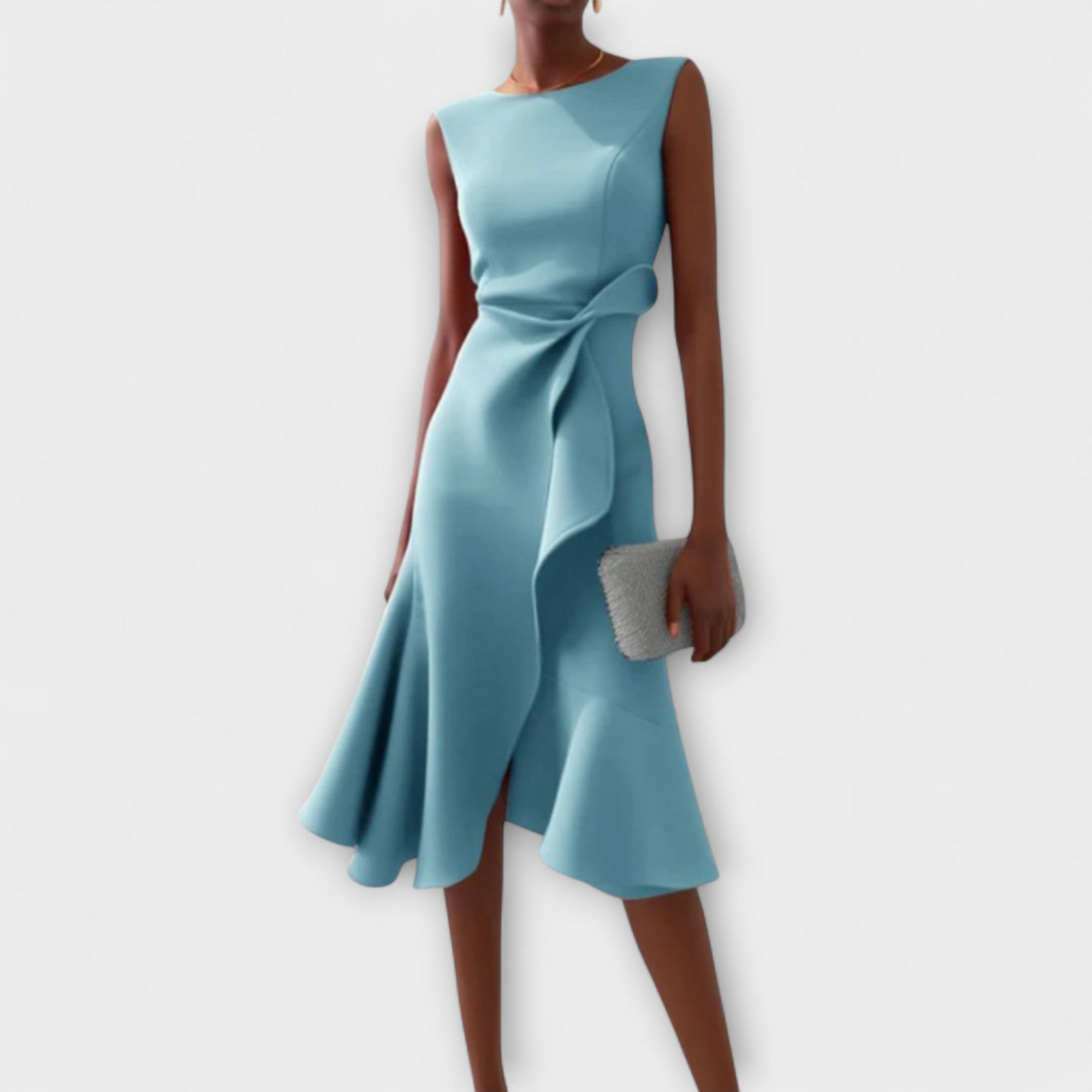 Women's sleeveless light blue midi dress with flounced asymmetric hem