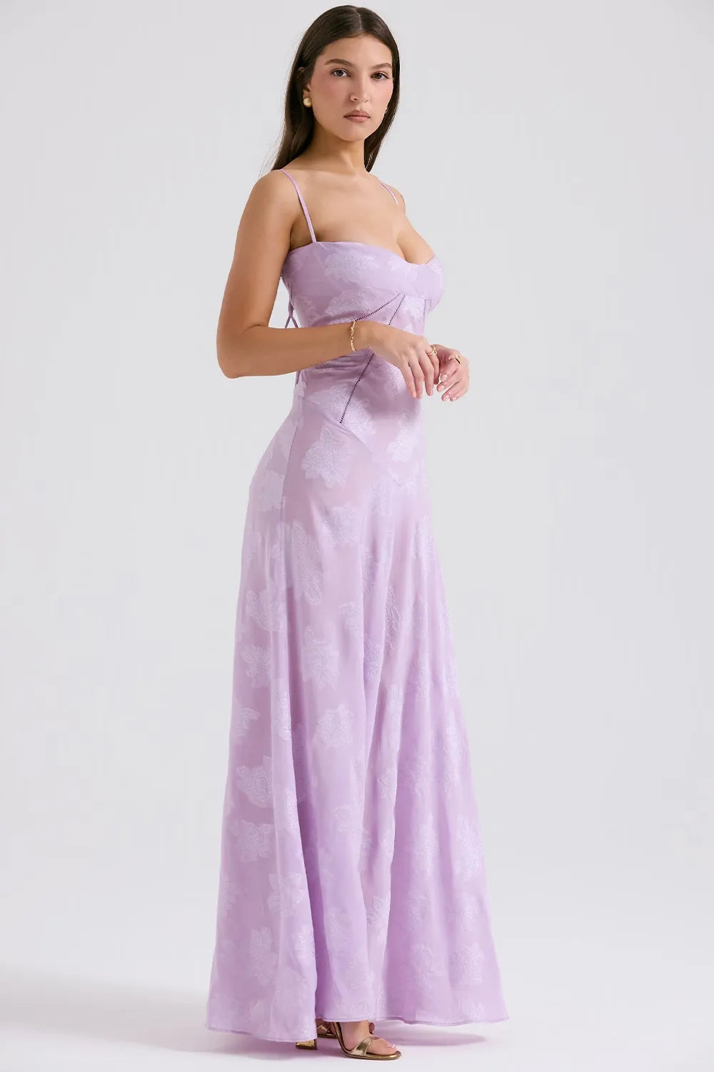 Women's Spaghetti Strap Lace-Up Back Maxi Dress, on model, alternate angle