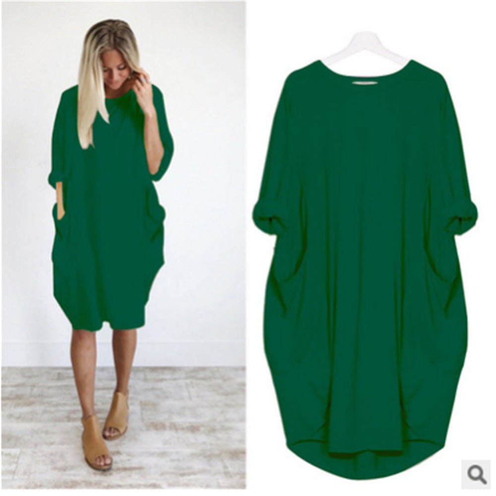 Women's Oversized Knee-Length Cocoon Dress with Pockets in Green, model and flat lay view
