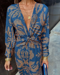 Women's Paisley Print Long Sleeve Twist Front Maxi Dress in Blue, on model