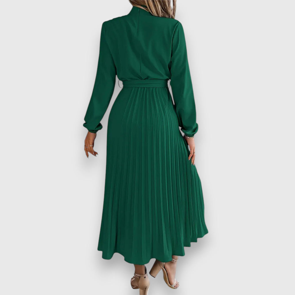 Women's Mock Neck Pleated Midi Dress with Tie Belt, on model, alternate angle