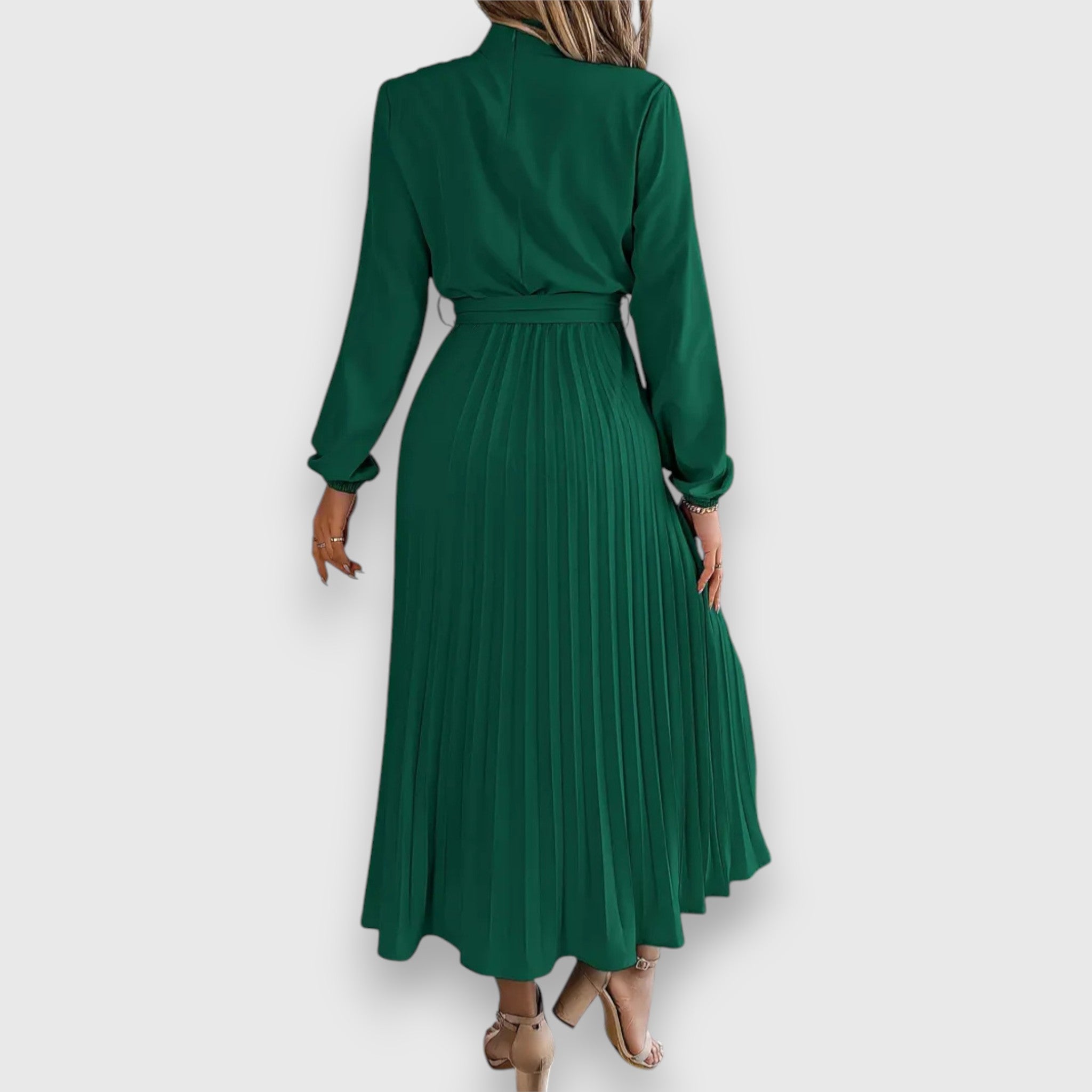 Women's Mock Neck Pleated Midi Dress with Tie Belt, on model, alternate angle