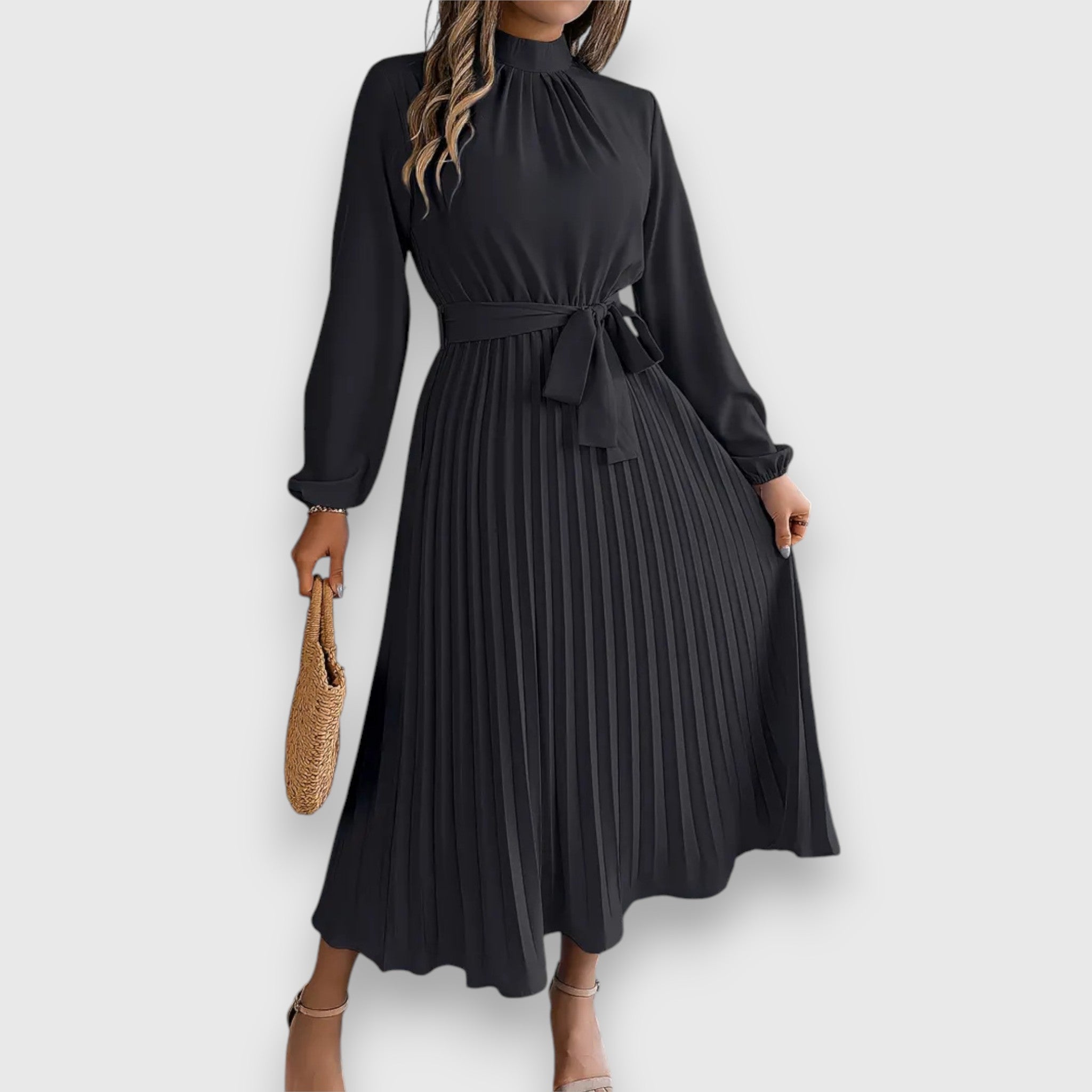 Women's Mock Neck Pleated Midi Dress with Tie Belt in Black, on model