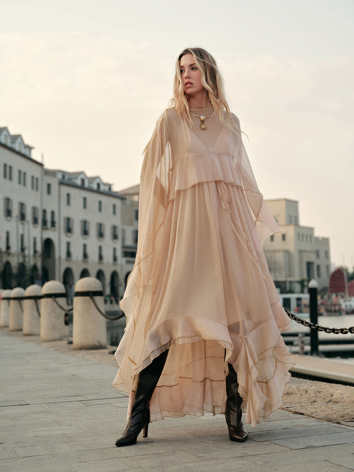 Women's Chiffon Cape Sleeve Ruffle Maxi Dress, styled on model
