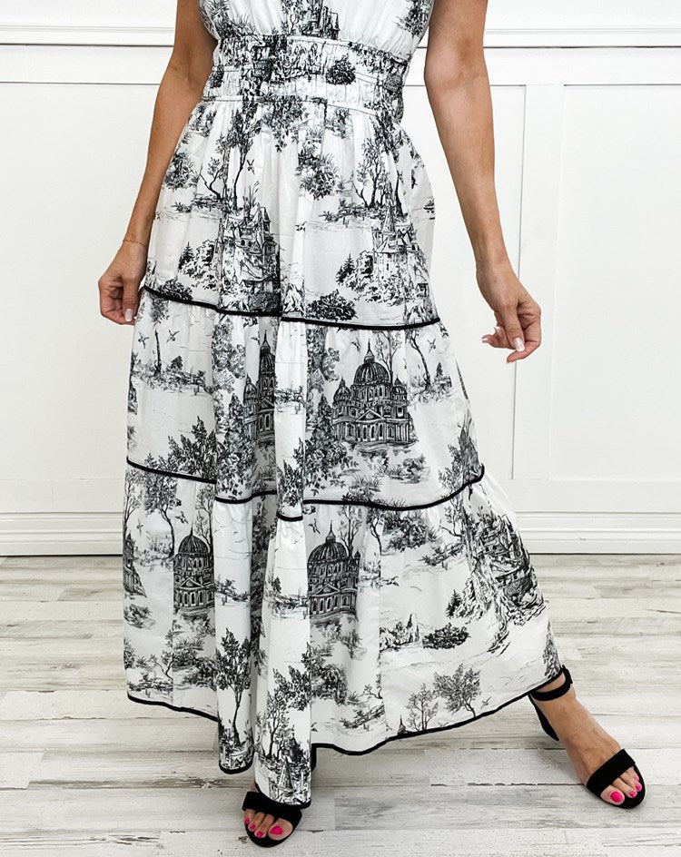 Women's Printed Short Sleeve Tiered Maxi Dress, on model, detail view