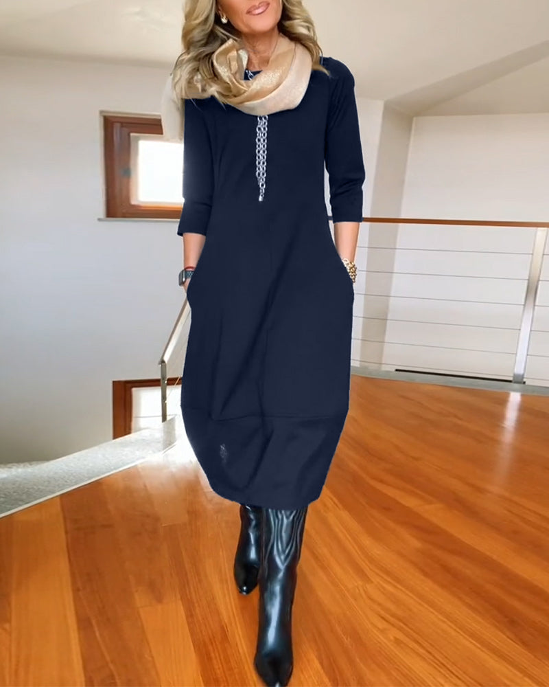 Women's Zip Front 3/4 Sleeve Midi Dress with Pockets, styled on model