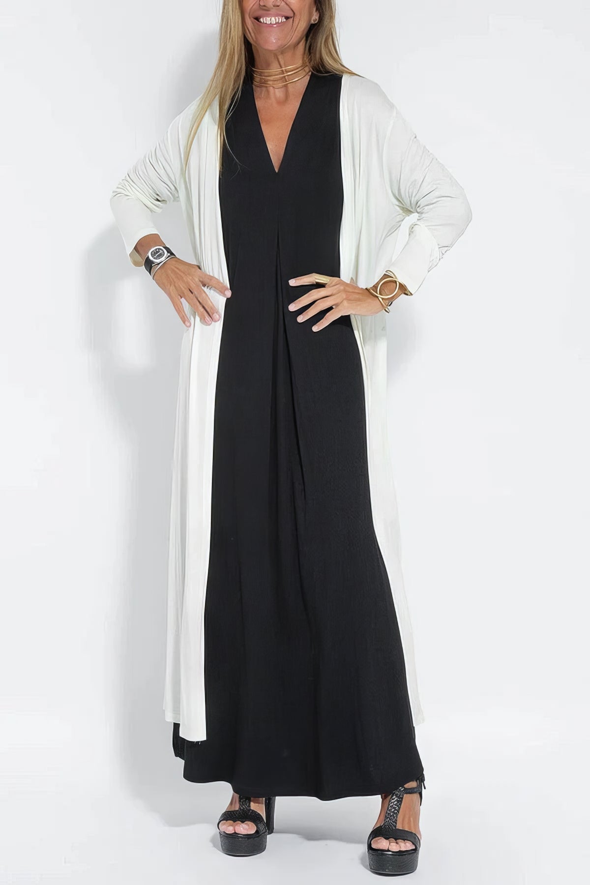 Women's Sleeveless Draped V-Neck Flowy Maxi Dress, on model, detail view