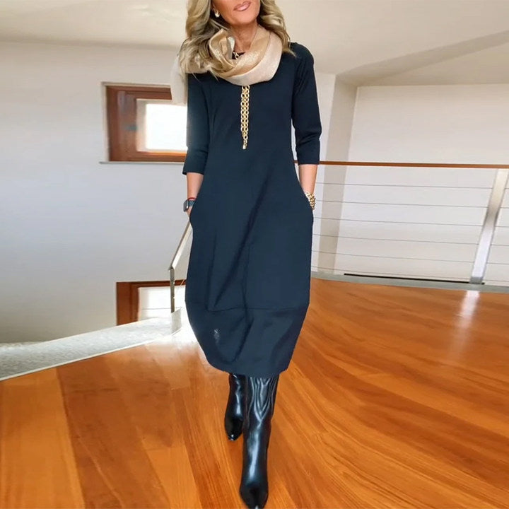 Women's Zip Front 3/4 Sleeve Midi Dress with Pockets in Marine Blue, on model
