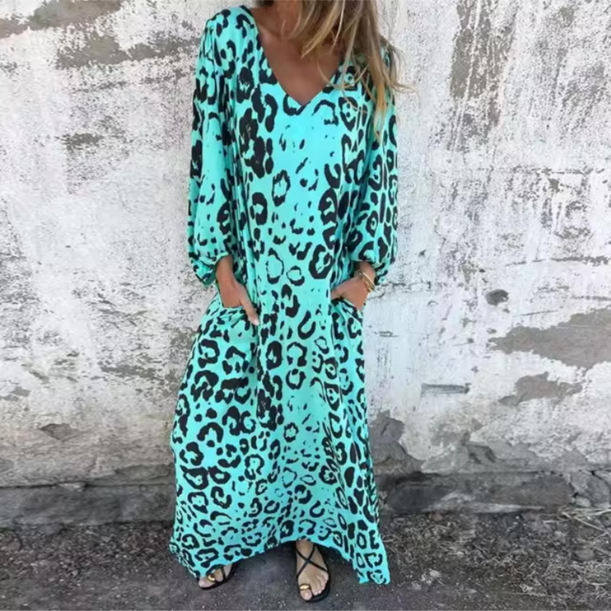 Women's turquoise leopard print maxi dress with long blouson sleeves