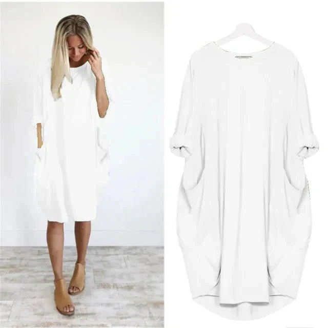 Women's Oversized Knee-Length Cocoon Dress with Pockets in White, model and flat lay view