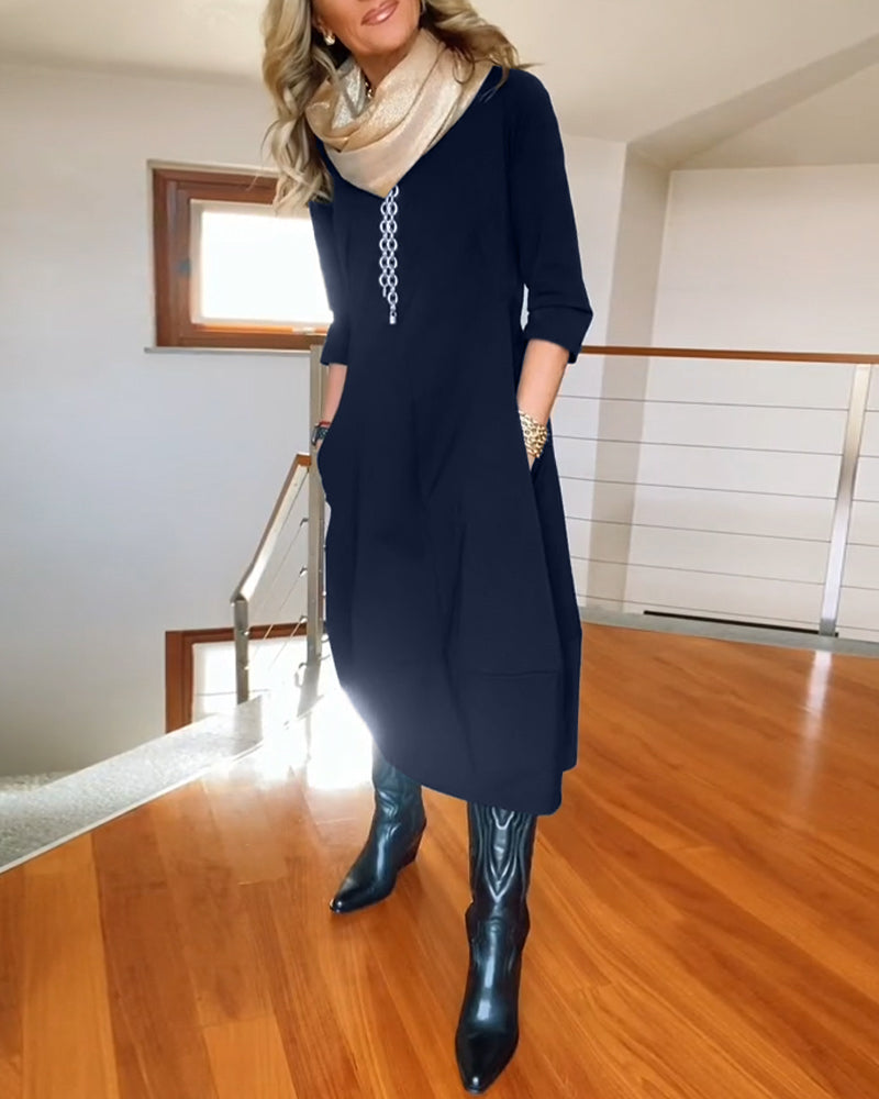Women's Zip Front 3/4 Sleeve Midi Dress with Pockets, styled on model