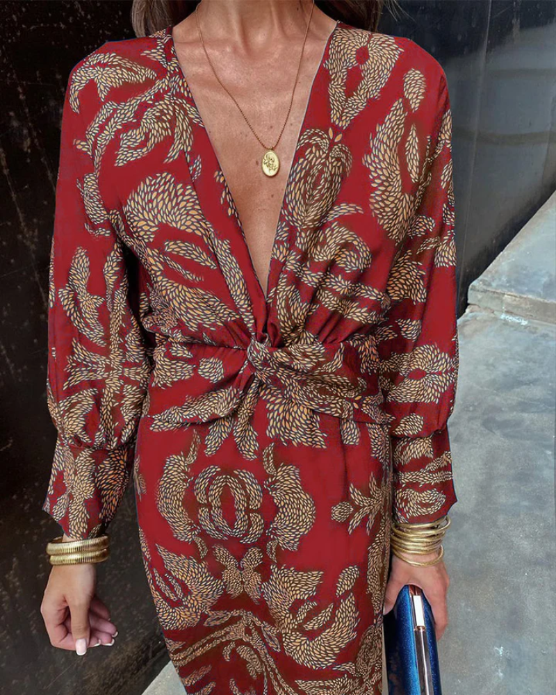 Women's Paisley Print Long Sleeve Twist Front Maxi Dress in Red, on model