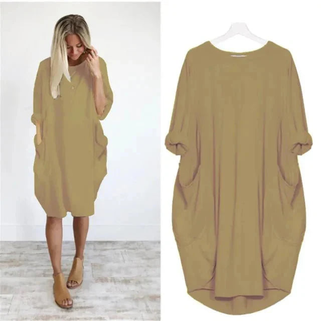 Women's Oversized Knee-Length Cocoon Dress with Pockets in Khaki, model and flat lay view