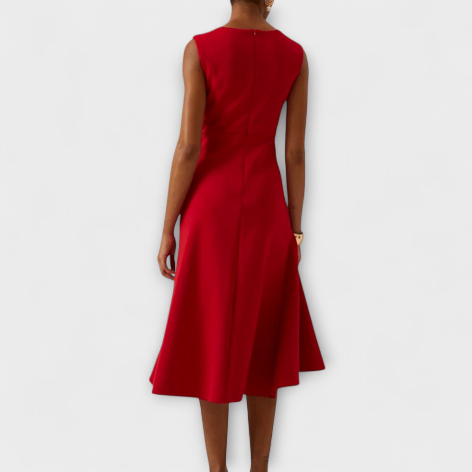 Back view of women's red sleeveless midi dress with back zipper