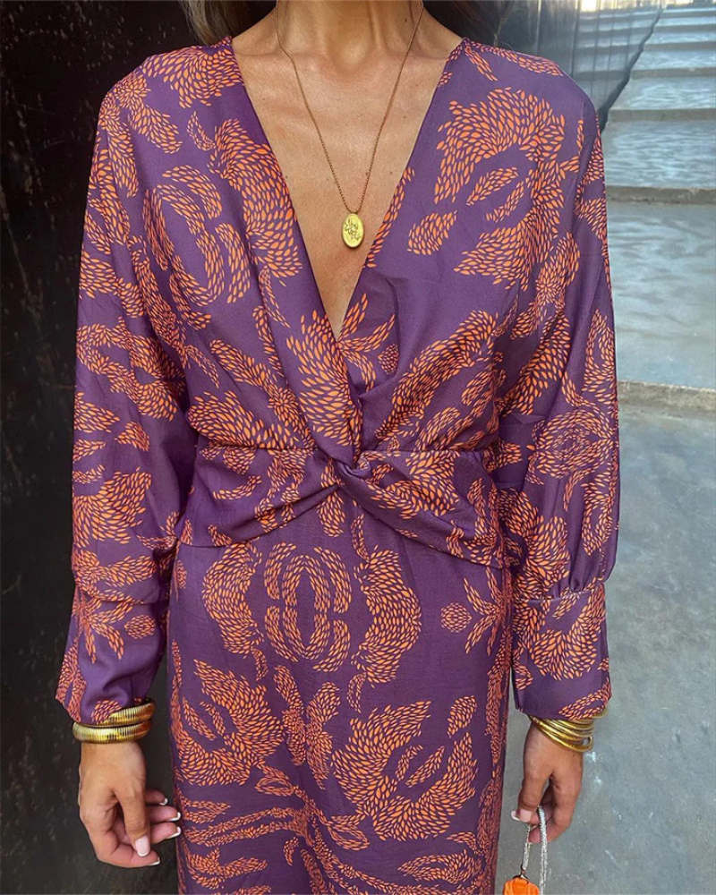Women's Paisley Print Long Sleeve Twist Front Maxi Dress in Pink, on model
