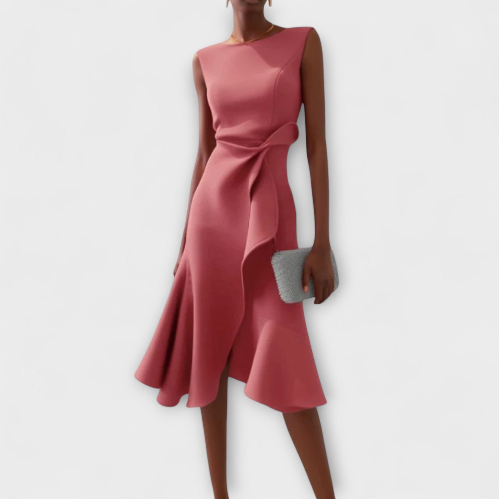 Women's sleeveless pink midi dress with twist front and wrap-effect skirt
