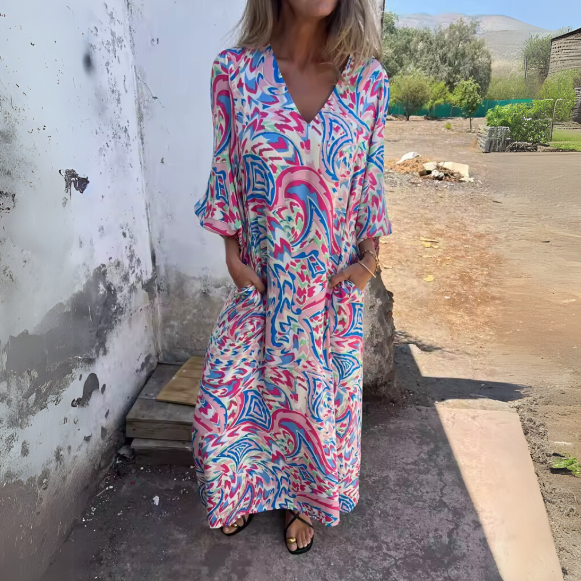 Women's pink and blue swirl print maxi dress with side pockets
