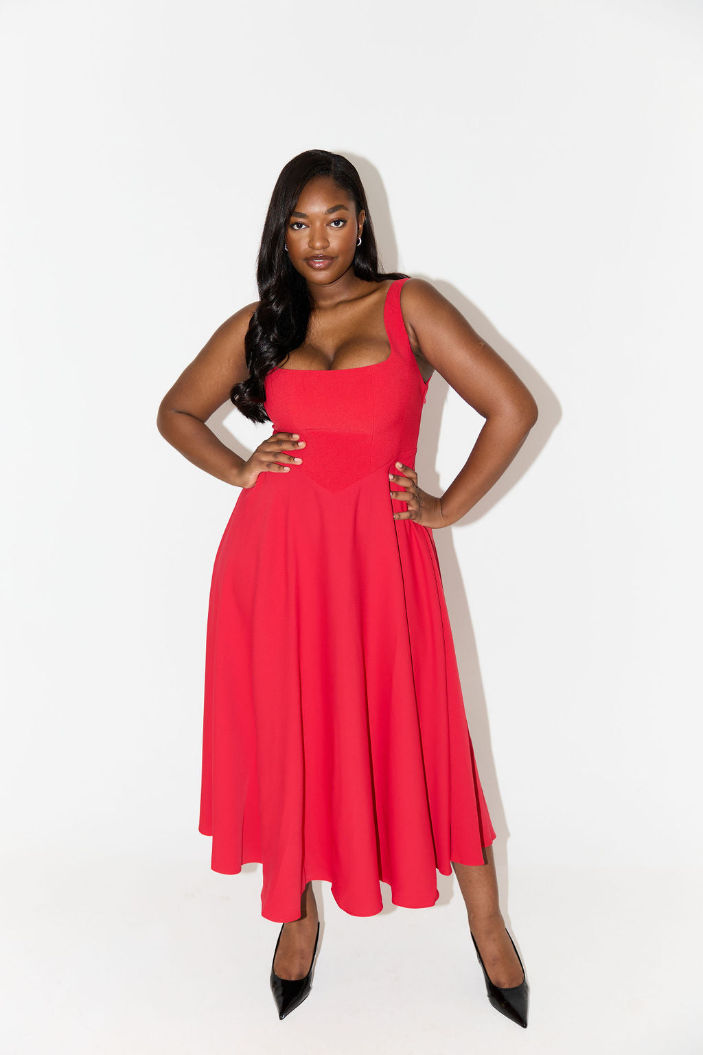 Women's Square Neck Sleeveless Fit and Flare Midi Dress in Red, on model