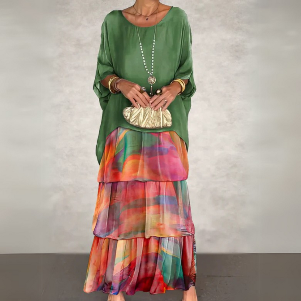 Women's Batwing Sleeve Loose Fit Tiered Maxi Dress in Multicolor
