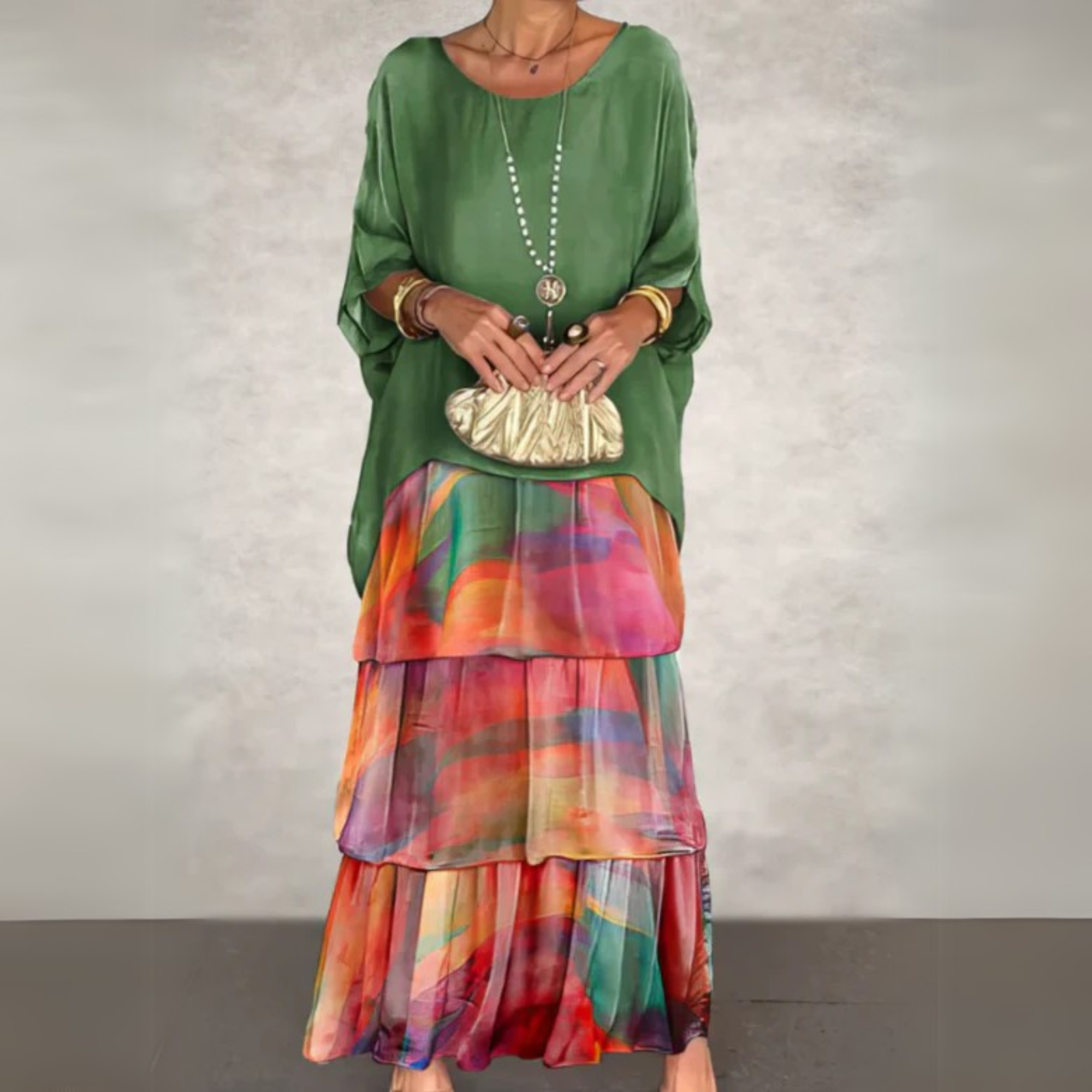 Women's Batwing Sleeve Loose Fit Tiered Maxi Dress in Multicolor