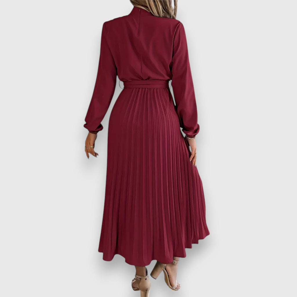 Women's Mock Neck Pleated Midi Dress with Tie Belt, styled on model, full length