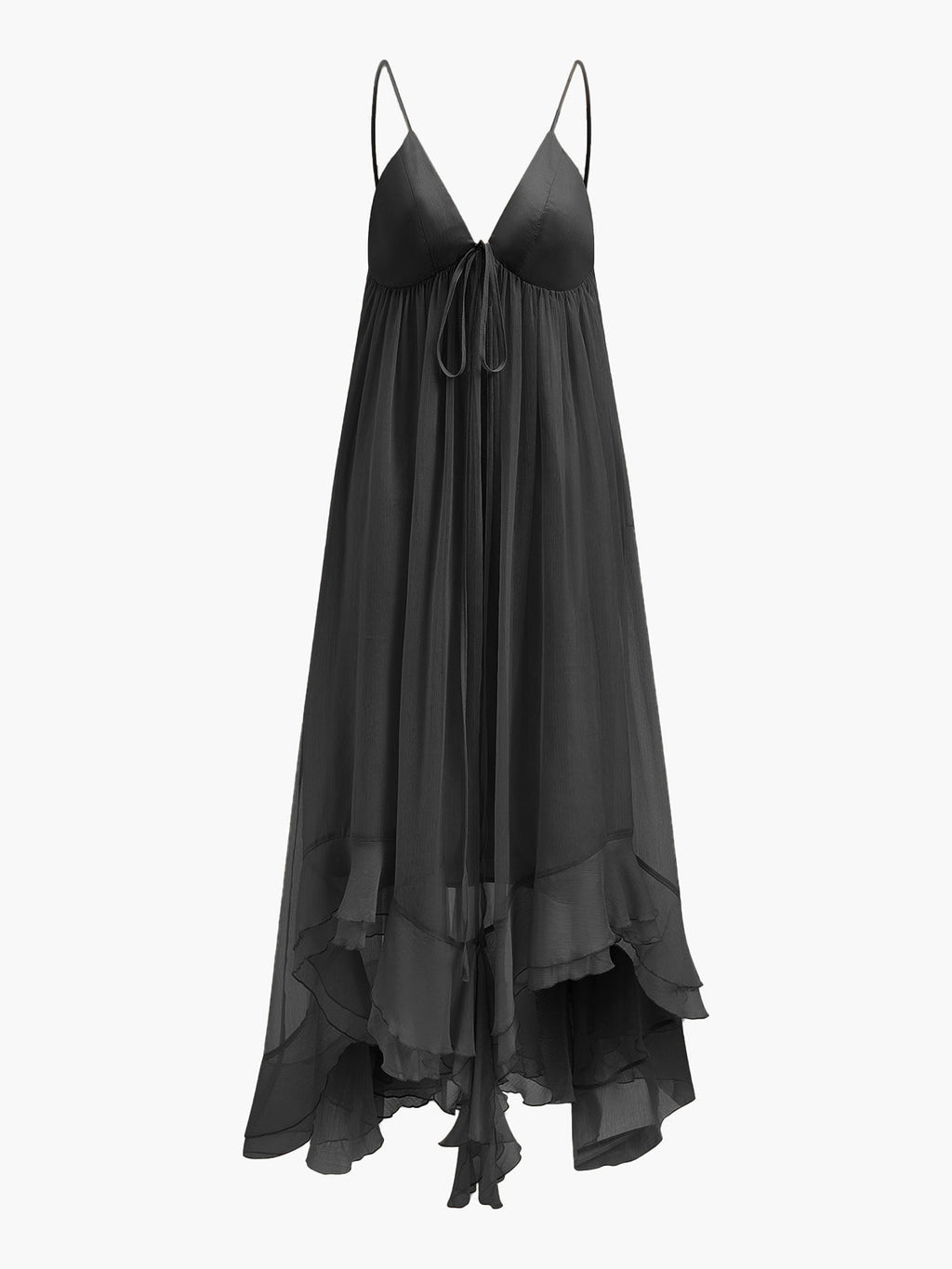 Women's Chiffon Cape Sleeve Ruffle Maxi Dress, styled on model, full length