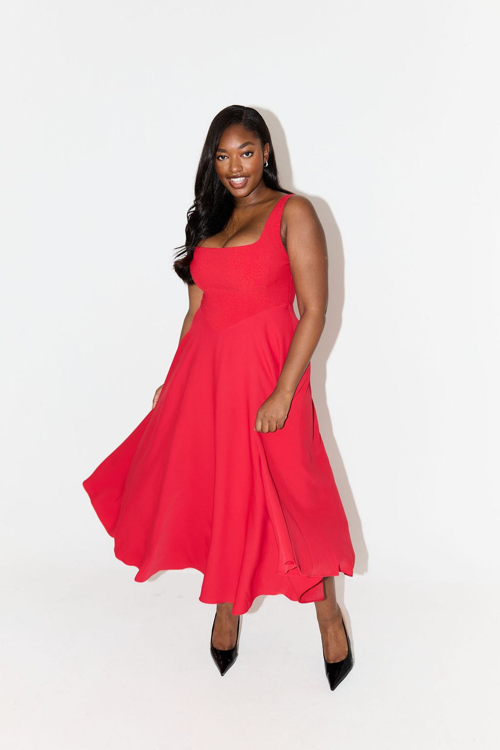Women's Square Neck Sleeveless Fit and Flare Midi Dress, on model, alternate angle