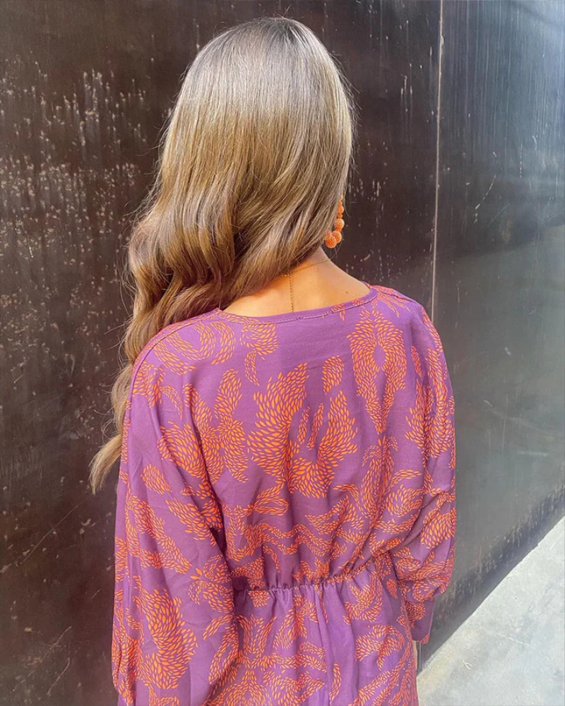 Women's Paisley Print Long Sleeve Twist Front Maxi Dress, on model, detail view