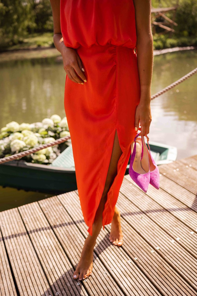 Women's Halter Neck Midi Dress with Front Slit, styled on model