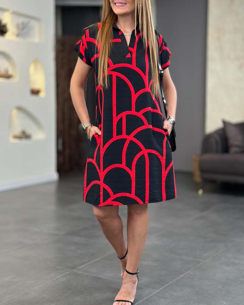 Women's black shift dress with red arch print and polo-style collar