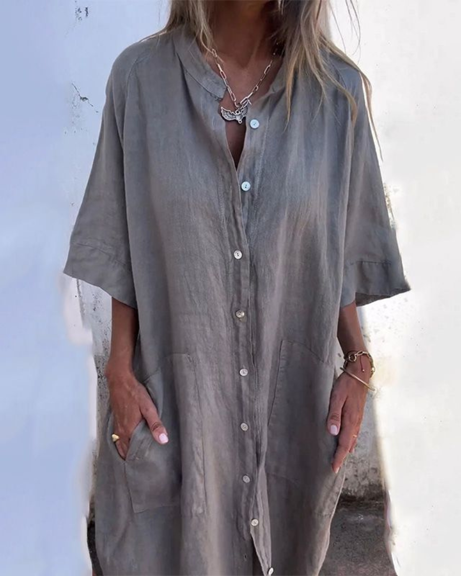 Women's oversized button-front midi shirt dress in gray