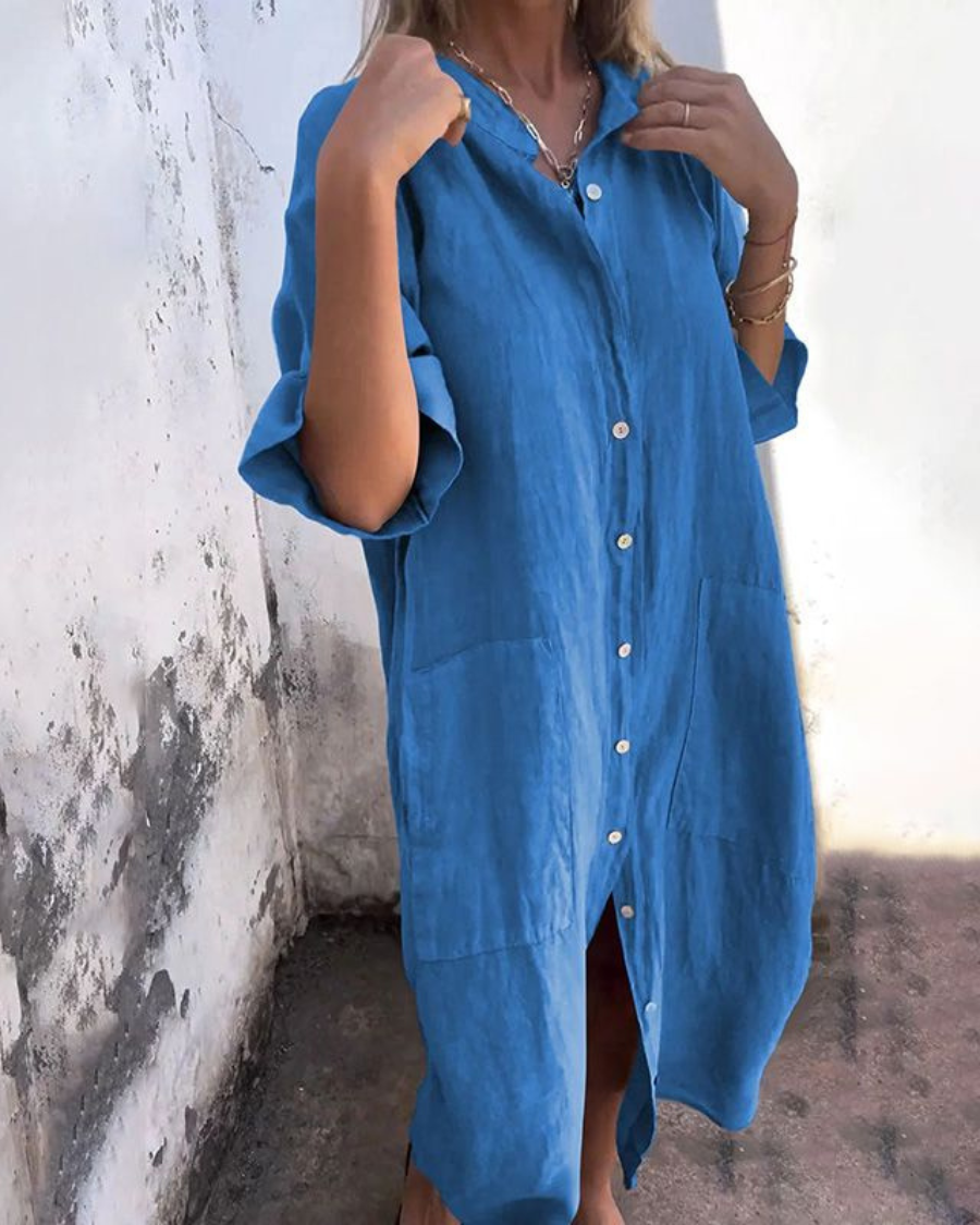 Women's oversized button-front midi shirt dress in blue