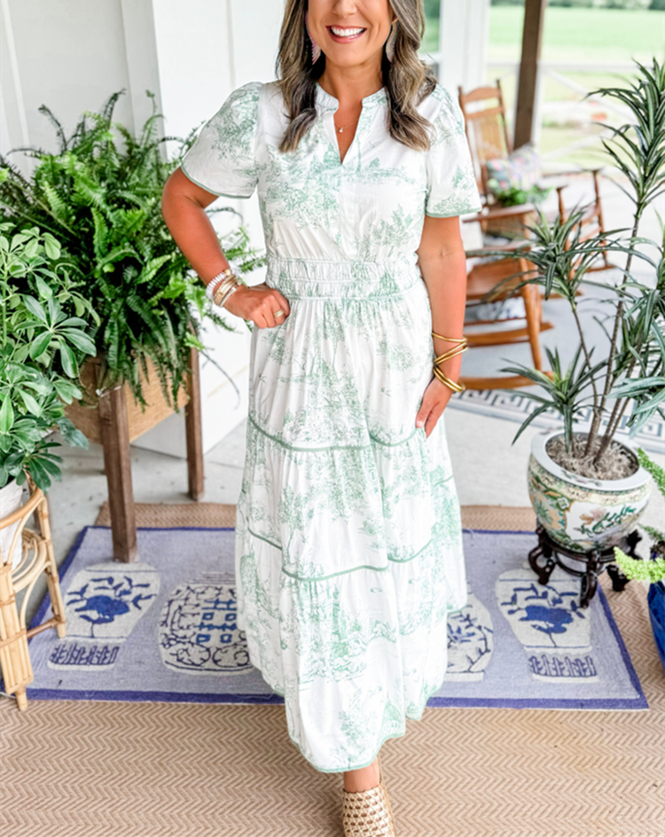Women's Printed Short Sleeve Tiered Maxi Dress in Green, on model