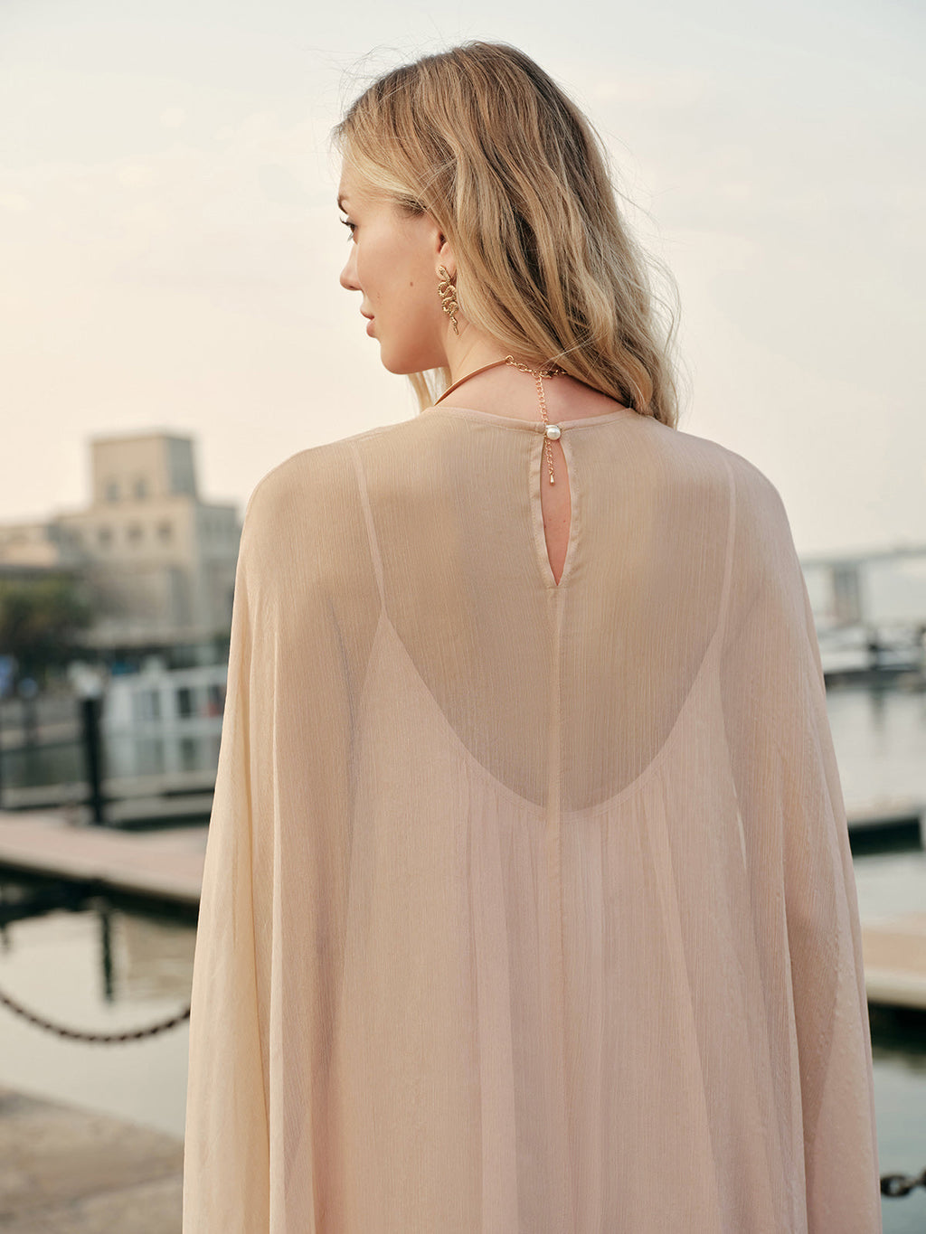 Women's Chiffon Cape Sleeve Ruffle Maxi Dress, on model, detail view