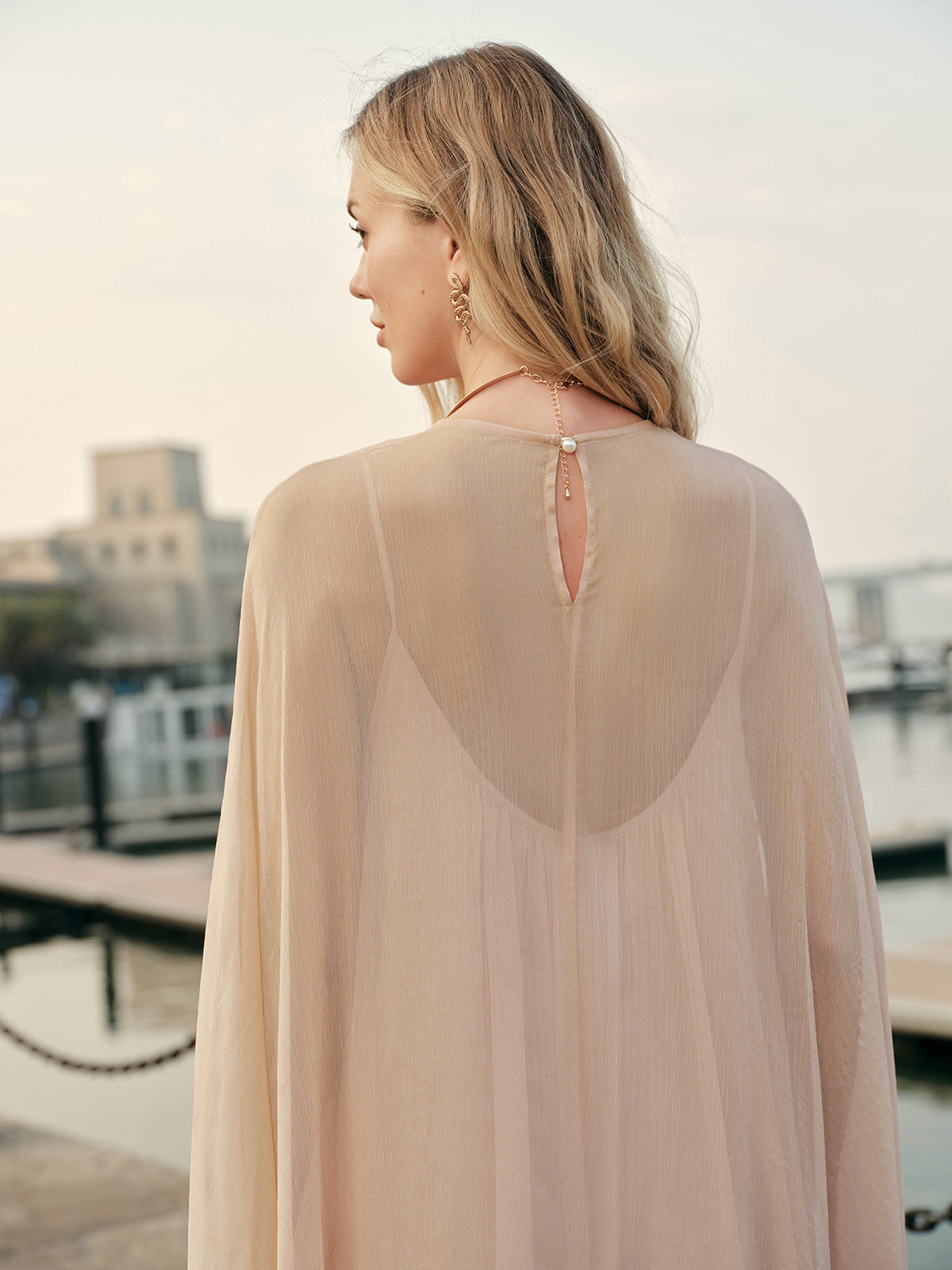Women's Chiffon Cape Sleeve Ruffle Maxi Dress, on model, detail view